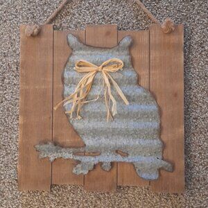 *BOGO FREE* 11x11 Decorative Tin Owl Cutout on Wood Planks, Ready to Hang